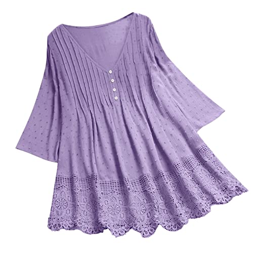 Oversize Shirt Damen Tshirt Longshirt 3/4 Arm Spitze Damenshirt Elegant Oversize Tunika Hemd Lose Lagenlook Festliche V-Ausschnitt Longbluse Bluse Oberteile Tops von Luadnysin