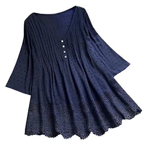 Oversize Shirt Damen Tshirt Longshirt 3/4 Arm Spitze Damenshirt Elegant Oversize Tunika Hemd Lose Lagenlook Festliche V-Ausschnitt Longbluse Bluse Oberteile Tops von Luadnysin