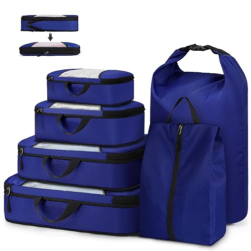 Lubardy Koffer Organizer Set Packing Cubes Compression 6 Sets Wasserdicht Reise Kofferorganizer Packwürfel Kompression Multifunktionale Leicht Packtaschen Kleidertaschen für koffer Rucksack Blau von Lubardy