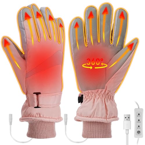 Luckits USB Beheizte Handschuhe für Männer Frauen, Wasserdicht Winterhandschuhe Warme Touchscreen Handschuhe mit 3 Einstellbare Temperatur Thermalsporthandschuhe für Laufen Skifahren Wandern (Rosa) von Luckits