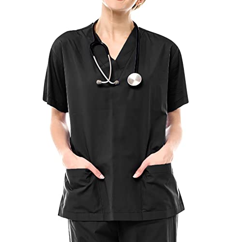 Luckywaqng Männer Frauen Kurzarm V-Ausschnitt mit Tasche Pflegeuniform Bluse Scrub Tops Sicherheitsgurt (Black, S) von Luckywaqng