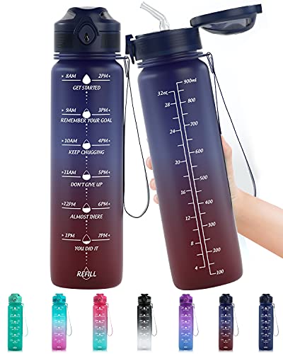 Lunidry Trinkflasche 1L Sport, BPA frei Auslaufsicher Trinkflasche mit Strohhalm & Zeitmarkierung, Motivierende Wasserflasche Für Kinder Schule, Fahrrad, Fitness, Gym, Outdoor von Lunidry