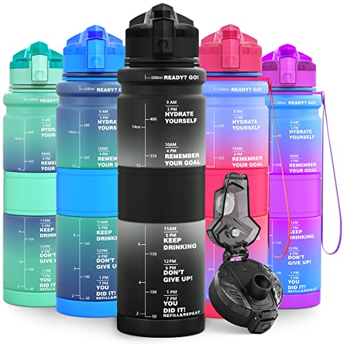 Lunidry Trinkflasche - Tritan BPA Frei Wasserflasche Kinder, 1L/500ml Kohlensäure Geeignet Auslaufsicher Sport Trinkflasche mit Zeitmarkierungen & Fruchteinsatz Für Schule, Fahrrad, Gym, Outdoor von Lunidry