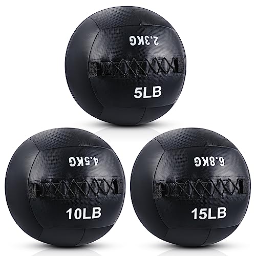 Lunmon Medizinball-Set, weicher Wandball, Fitness-Ball mit rutschfestem Griff für Zuschlagübungen, Workout, mittelgroßer Ball, Gewichtsball für Kraftkonditionierung, Kerntraining, 5, 10 und 6,8 kg, 3 von Lunmon