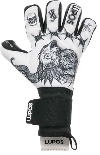 Lupos Tattoo Goalkeeper Gloves for Adults and Kids. Negative Cut, 4+3 mm Giga Grip Palm, Mesh Backhand with Digital Print and Transparent Injected Silicone Strips. (10) von Lupos
