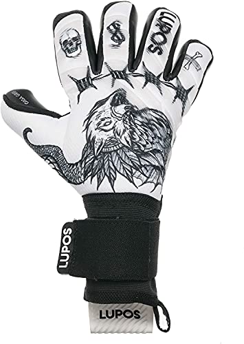 Lupos Tattoo Goalkeeper Gloves for Adults and Kids. Negative Cut, 4+3 mm Giga Grip Palm, Mesh Backhand with Digital Print and Transparent Injected Silicone Strips. (8) von Lupos