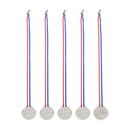 Luwecf 5er Set Kinder Medaillen Aus für Sportveranstaltungen, Vielseitig Einsetzbar mit Bunten Halsbändern, Silbrig von Luwecf