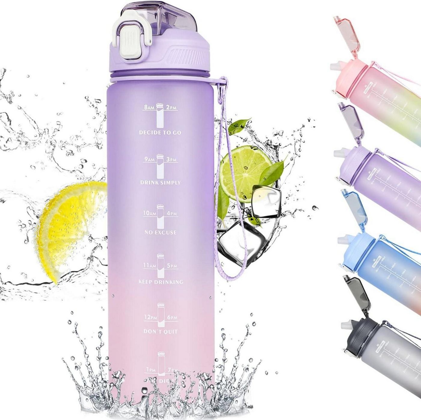 LuxusKollektion Fahrradbox Trinkflasche 1L mit Strohhalm Zeitmarkierung lila Farbverlauf von LuxusKollektion