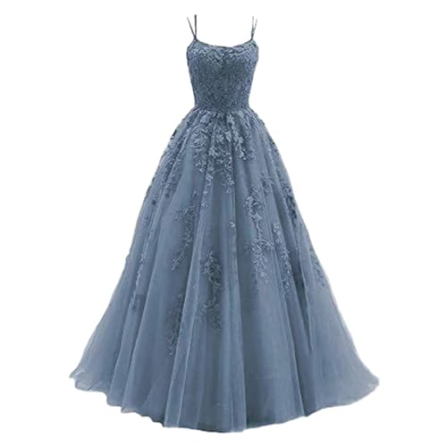Kleid Hochzeitsgast, Ballkleid Damen Aus TüLl Mit SpaghettiträGern Lange Spitzenapplikationen Brautkleider - A Linie Formelle Party Abendkleider Ballkleider Lang Cocktailkleid Brautjungfernkleid von Lvnsdknerse