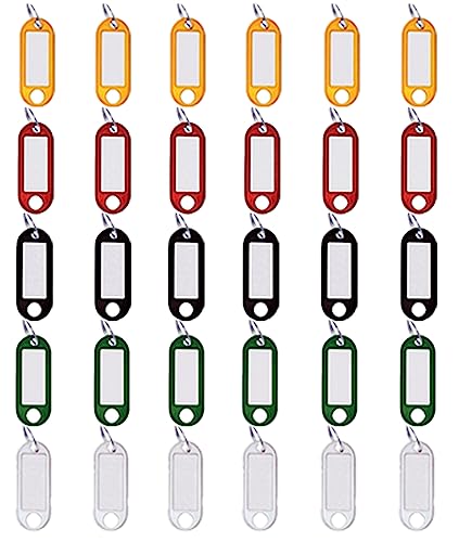 30 Stück Schlüsselanhänger zum Beschriften, Schlüsselschilder Kunststoff mit Ring auswechselbare Etiketten in schwarz, rot, gelb, weiß, grün von M&H-24