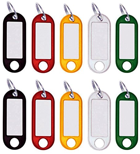 M&H-24 Schlüsselanhänger Beschriftbar Schlüsselschilder zum Beschriften Kunststoff - Schlüsselschilder mit Ring auswechselbare Etiketten in Schwarz, Rot, Gelb, Weiß, Grün 10 Stück von M&H-24
