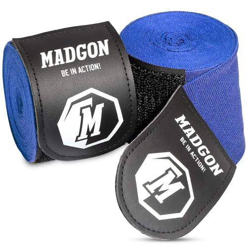 MADGON Boxbandagen in 3m 3,8m 4,5m für Männer und Frauen - Bandagen Boxen für Kickboxen, MMA, Boxer & Sparring mit Beutel - blau von MADGON