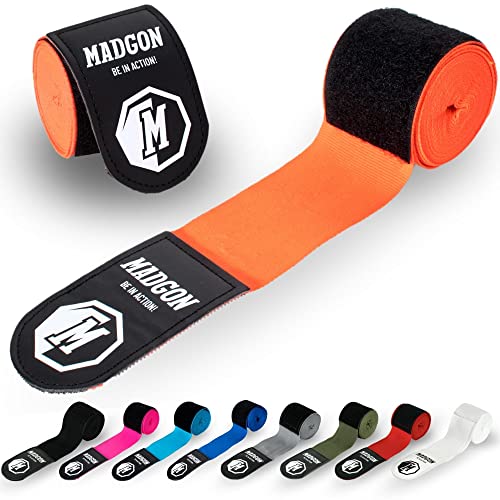 MADGON Boxbandagen in 3m 3,8m 4,5m für Männer und Frauen - Bandagen Boxen für Kickboxen, MMA, Boxer & Sparring mit Beutel - orange von MADGON