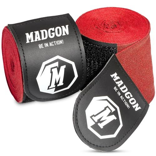 MADGON Boxbandagen in 3m 3,8m 4,5m für Männer und Frauen - Bandagen Boxen für Kickboxen, MMA, Boxer & Sparring mit Beutel - rot von MADGON