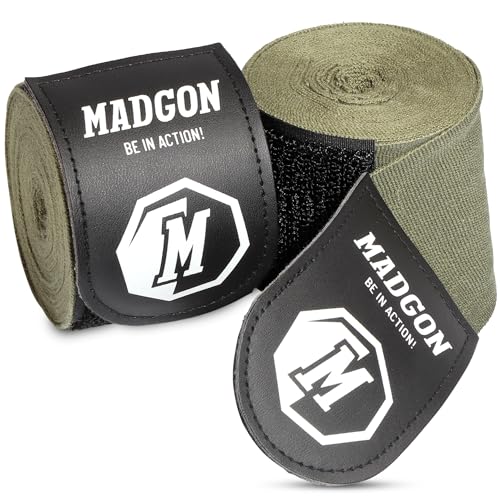 MADGON Boxbandagen in 3m 3,8m 4,5m für Männer und Frauen - Bandagen Boxen für Kickboxen, MMA, Boxer & Sparring mit Beutel - Olive von MADGON