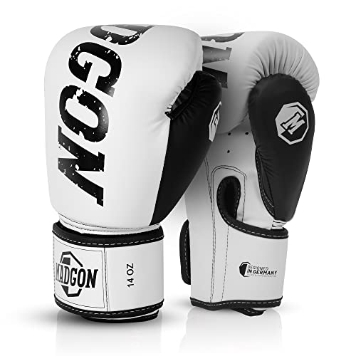 MADGON Premium Boxhandschuhe aus bestem Material für Lange Haltbarkeit, Männer und Frauen Kickboxhandschuhe für Kampfsport, MMA, Sparring, Muay Thai und Boxen 10 12 14 16 oz inkl Beutel von MADGON