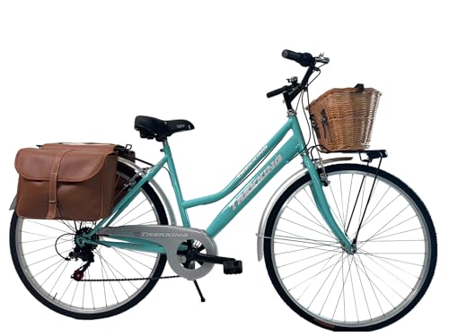 MADICKS Holland-Damen-Fahrrad, Größe 28, Vintage-Retro-Stadtrad mit Tiffany-Korb, türkis, mit Gangschaltung (Korb vorne aus Weide und Hintertaschen) von MADICKS