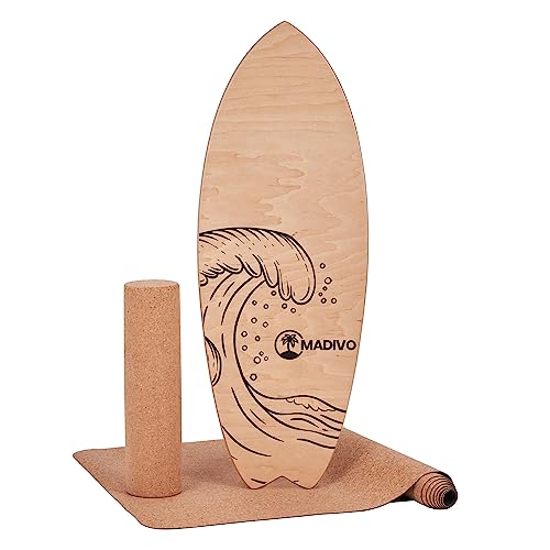 MADIVO Balanceboard 3in1 Set | Surfboard + Korkrolle + Korkmatte | Gleichgewichtstrainer Indoor & Outdoor | Balance Board aus Holz + inklusive Rolle und Matte | Surf Skateboard Koordinationstraining von MADIVO