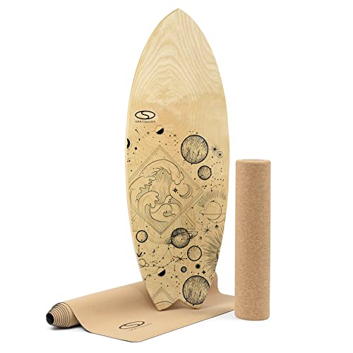SMJ Balanceboard 3in1 Set | Surfboard + Korkrolle + Korkmatte | Gleichgewichtstrainer Indoor & Outdoor | Balance Board aus Holz + inklusive Rolle und Matte | Surf Skateboard für Koordinationstraining von MADIVO