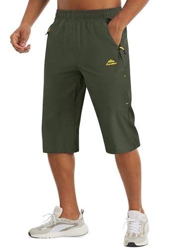 MAGCOMSEN Herren 3/4 Hose Wandern Bermuda Shorts Sommer Kurze Hose Schnelltrocknend Sporthose Trekkingshorts für Männer Knielang Shorts mit Gummibund Grün, 32 von MAGCOMSEN