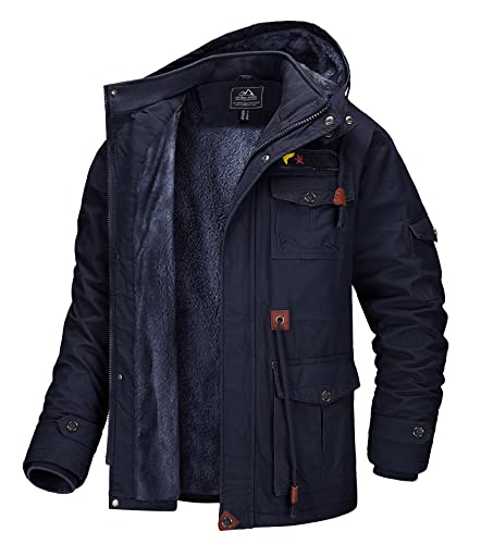 MAGCOMSEN Herren Cargo Jacke US Feldjacke Windbreaker Baumwolljacke für Männer Dick Fleecejacke Wandern Camping Trekking Jacken mit Kapuze Dunkelblau L von MAGCOMSEN