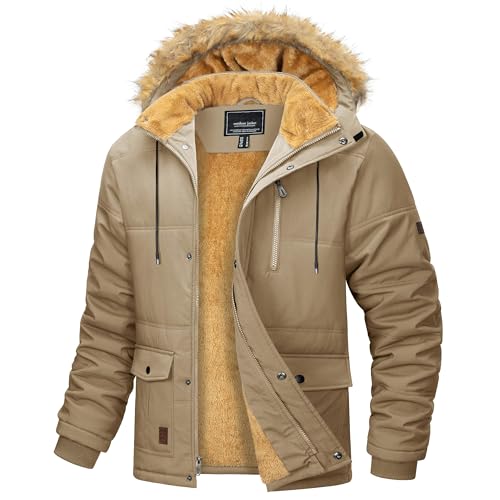 MAGCOMSEN Herren Gefütterte Winterparka Winddicht Daunenjacke Outdoor Fleecejacke Männer Wasserabweisende Freizeitjacke Wandern Camping Jacke Verdickt Skijacke mit Fellkapuze Khaki L von MAGCOMSEN