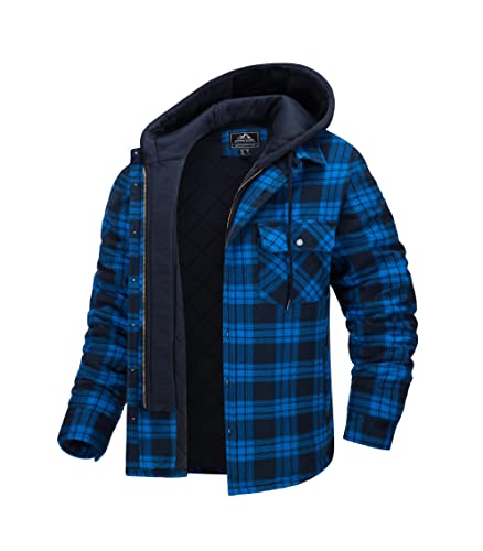 MAGCOMSEN Herren Kariert Winterjacke Outdoor Flanellhemd Plaid Kapuzenhemd Baumwolle Lässige Karohemd Männer Langarm Arbeit Hemd Hoodie Winter Frühling Gesteppt Jacke mit Multi Taschen Blau XL von MAGCOMSEN