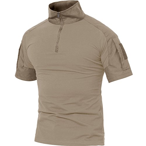 MAGCOMSEN Herren Outdoorshirt Tactical Camo Shirt 1/4 Zip Shirt Slim Fit Trainingshirt Atmungsaktiv Herren Hemd Tarn Shirt mit Stehkragen Khaki 3XL von MAGCOMSEN