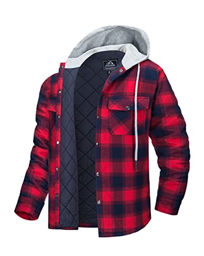 MAGCOMSEN Herren Thermohemd Warme Kariertes Frühling Shirt Hoodie Gesteppt Plaid Hemd Abnehmbar Kapuze Flanellhemd Herren Winter Fleece Hemdjacke mit Große Taschen Rot Dunkelblau L von MAGCOMSEN