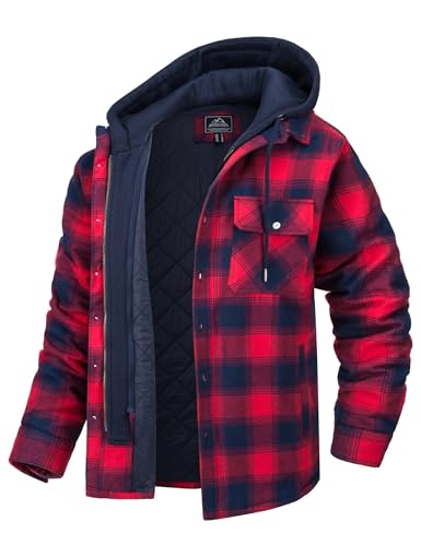 MAGCOMSEN Herren Thermohemd Warme Kariertes Hemd Hoodie Gesteppt Plaid Freizeithemd Abnehmbar Kapuze Holzfällerhemd Herren Winter Fleece Flanellhemd Casual Hemdjacke mit Große Taschen Rot M von MAGCOMSEN