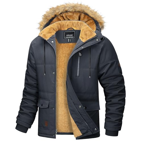 MAGCOMSEN Herren Warme Winterjacke Fleece Gefüttert Parkamantel Winddicht Wasserdicht Trekkingjacke Herren Outdoor Funktionsjacke Jagd Angeln Jacke mit Fellkapuze Dunkelgrau L von MAGCOMSEN