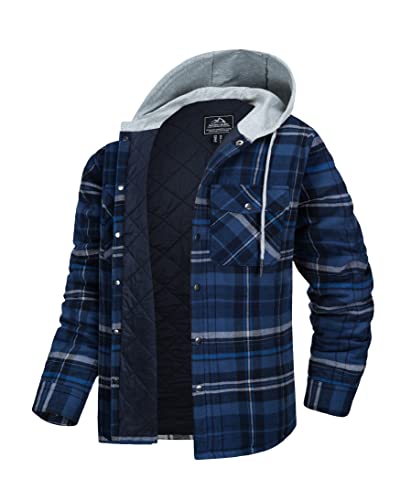 MAGCOMSEN Kariert Hemdjacke Herren Langarm Holzfällerhemd Gesteppte Plaid Flanelljackemd Hoodie Winter Arbeitshemd Männer Thermohemd Verdickt Casual Karohemd mit Große Taschen Blau Grau L von MAGCOMSEN