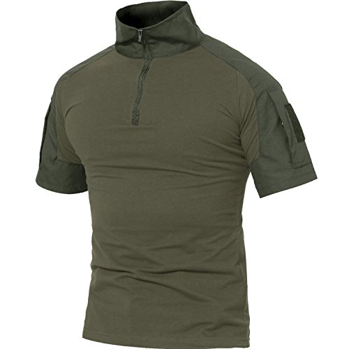 MAGCOMSEN Herren Baumwollehemd Kurzarm Airsoft Shirt für Herren Military Uniform Atmungsaktiv Outdoor Hemd mit 1/4 Reißverschluss Armeegrün XL von MAGCOMSEN