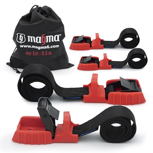 MAGMA 4 Spanngurte Mit Gummischnalle 0,5m | Sichere Verladung von Kajak, Kanu, Gepäck, Surfboard, Fahrrad auf Dachgepäckträger | Schnelles Öffnen & Verzurren | Bruchfestigkeit 500kg (Rot) von MAGMA