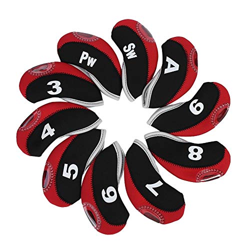 MAGT Golfschlägerkopfhauben, 10 Stück Wasserdichte Golfschlägerhauben Set Eisen Schlägerkopfhüllen mit Austauschbaren Nummernschild (Schwarz & Rot) von MAGT