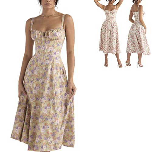 MAIMiao 2023 Neu Frauen Sommer Strap Floral Print Kleid,Print Bustier Sonntagskleid,Damen Sommer Floral Midi Tank Kleid (Color-C,XS) von MAIMiao