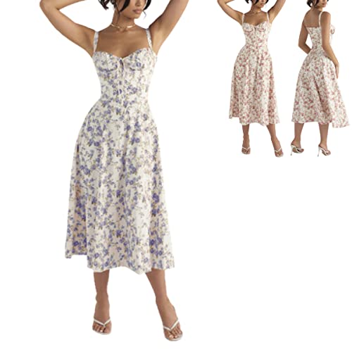 MAIMiao 2023 Neu Frauen Sommer Strap Floral Print Kleid,Print Bustier Sonntagskleid,Damen Sommer Floral Midi Tank Kleid (Color-J,XS) von MAIMiao
