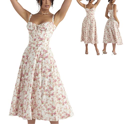 MAIMiao 2023 Neu Frauen Sommer Strap Floral Print Kleid,Print Bustier Sonntagskleid,Damen Sommer Floral Midi Tank Kleid (Color-O,M) von MAIMiao