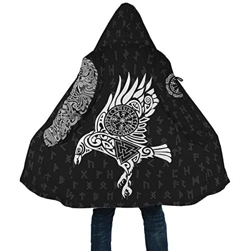MAITONGG Herren Kapuze Umhang Wikinger Rabe 3D Druck Fleece Mantel Dicke Warme Umhang Jacke Winter Personalisiert von MAITONGG