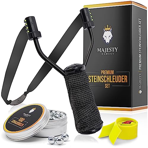 MAJESTY FOREST® Premium Steinschleuder Set (Black-Camo) - Profi Schleuder Zwille für Sport und Outdoor - Slingshot Bundle mit 100 Kugeln + Ersatzgummi und E-Book von MAJESTY FOREST