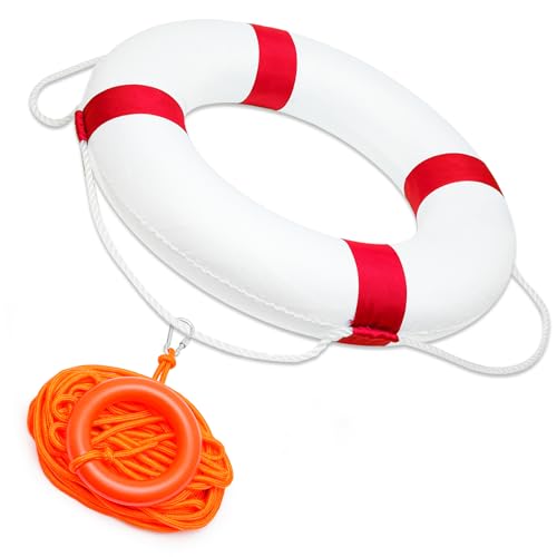 Schwimmring für Kinder, Schwimmboje, Rettungsring mit lebensrettendem Seil, reflektierendes Band, Hof-Wanddekoration, Rot und Weiß, 26,9 cm / 50 cm von MAKUQI