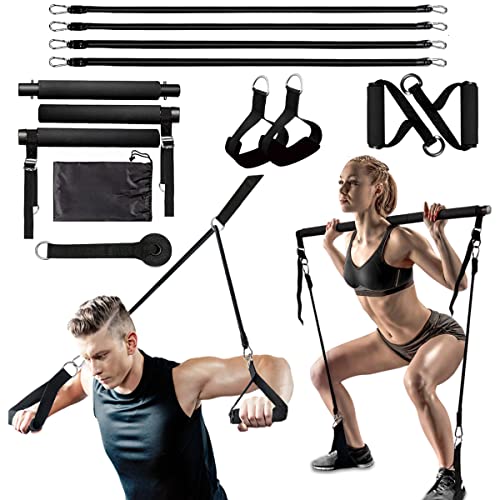 MALOOW Verstellbares Pilates-Bar-Set mit Widerstandsbändern, tragbare Yoga-Übungsstäbe und 2 Sets stapelbare Widerstandsbänder für Straffung von Muskeln, Beinen, Heimstudio, Ganzkörpertraining von MALOOW