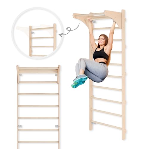 Sprossenwand mit Klimmzugstange für Erwachsene (230 cm), Holz-Kletterwand, Multifunktionales Fitnessgerät, Kletterleiter für Erwachsene & Kinder, 100% ECO, Made in EU von MAMOI