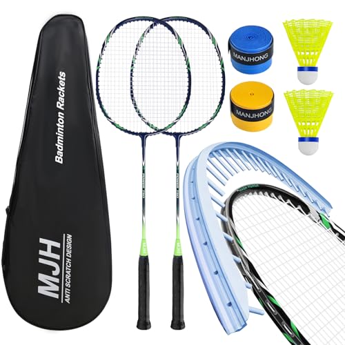 MANJHONG Badmintonschläger Set Federballschläger für Anfänger, Freizeit mit Federbälle, Griffbänder und Schlägertasche, Blau von MANJHONG