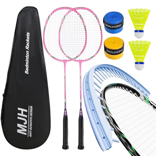 MANJHONG Badmintonschläger Set Federballschläger für Anfänger, Freizeit mit Federbälle, Griffbänder und Schlägertasche, Rosa von MANJHONG
