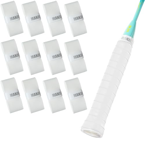 MANJHONG Griffband Badmintonschläger Tennisschläger Anti-Rutsch Overgrip Badminton Griffbänder Squash PU Grip, Weiss 12 Stück von MANJHONG