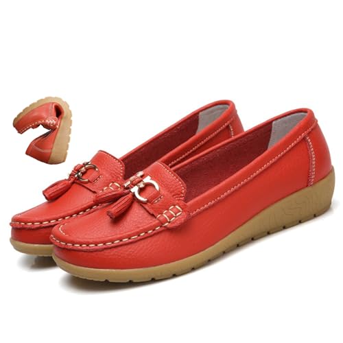 MAOAEAD Atmungsaktive Mokassins-Schuhe für Damen, orthopädische Loafer aus atmungsaktivem Leder, elegant, weich, zum Hineinschlüpfen (Rot, Größe 42) von MAOAEAD