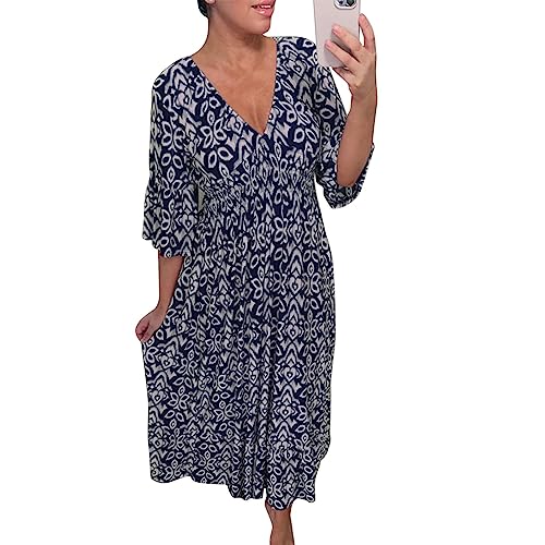 MAOAEAD Bohemian Casual Print V-Ausschnitt Elastische Taille Wrap Langes Kleid Elegant Druck Maxikleid für Frauen Sommer Lose Rüschenärmel Strandkleider (Marineblau, L) von MAOAEAD