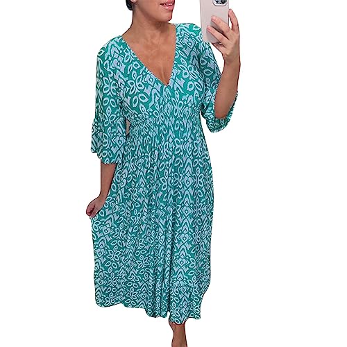 MAOAEAD Bohemian Casual Print V-Ausschnitt Elastische Taille Wrap Langes Kleid Eleganter Druck Maxikleid für Frauen Sommer Lose Rüschenärmel Strandkleider (Blau, XL) von MAOAEAD