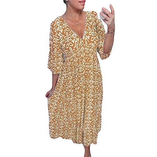 MAOAEAD Bohemian Casual Print V-Ausschnitt Elastische Taille Wrap Langes Kleid Eleganter Druck Maxikleid für Frauen Sommer Lose Rüschenärmel Strandkleider (Gelb, L) von MAOAEAD